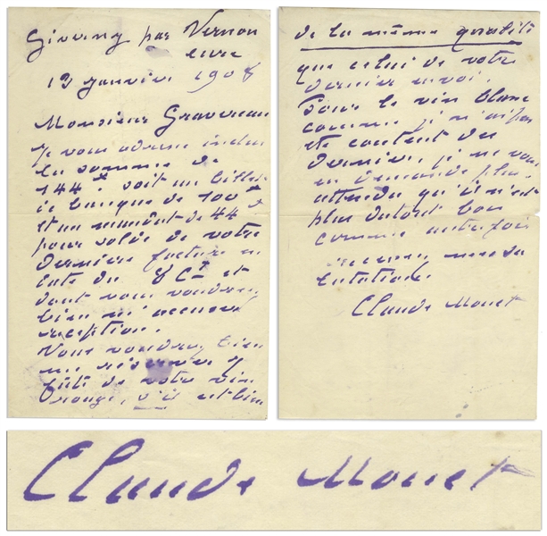 Claude Monet Autograph Letter Signed -- Monet Orders Red Wine From His Wine Merchant But Says the White Isn't as Good Anymore